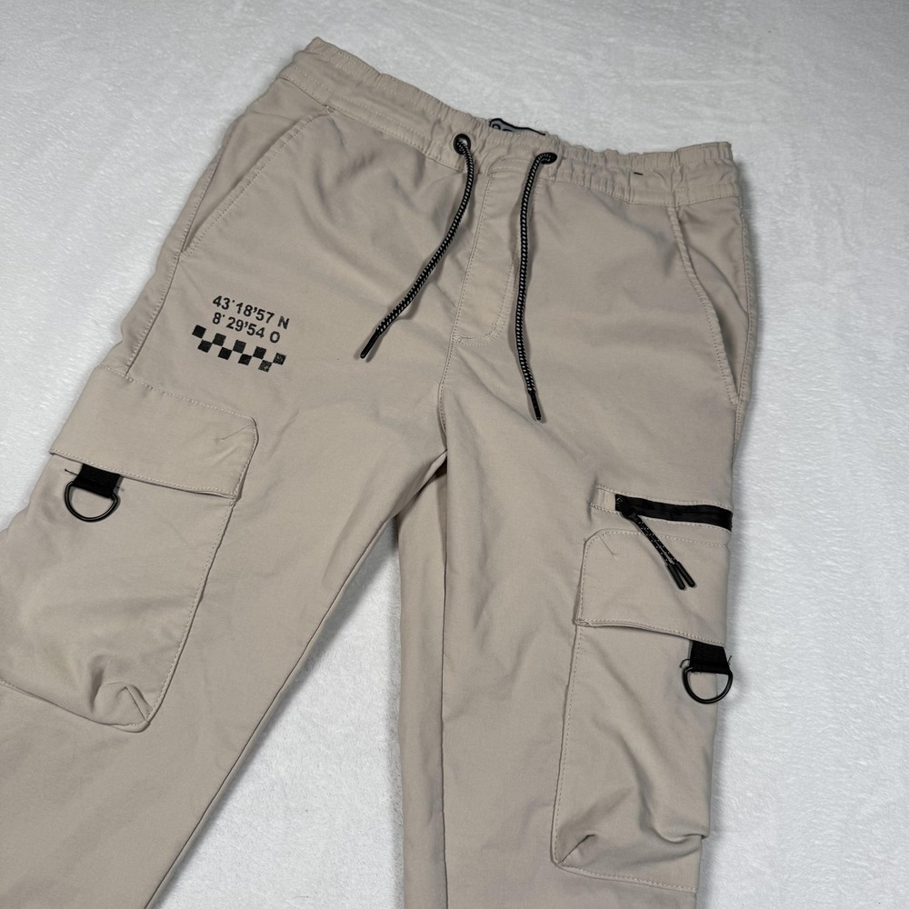 Rock Salt Pants Mens Small Beige Cargo Jogger‎ Stretch Pockets Drawstring Cuffs
